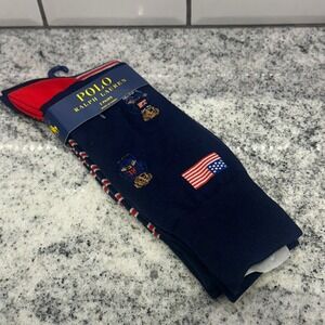 Polo Ralph Lauren OS Crew Socks Mens Navy Blue New 2-Pack Polo Bear Stripes
